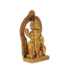 Brass Trimurti idol angled view with halo arch and carved base, 3.3 in