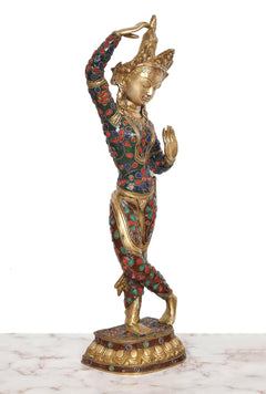 Three-quarter view Tara Devi brass dancing statue, multicolor enamel, raised hands