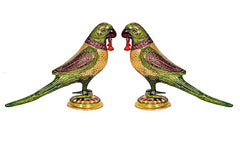 Iron parrot statue set of 2, facing each other on round gold bases, multicolor