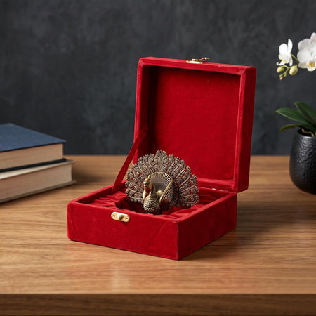 Brass Large Peacock with Decorative Box | Handcrafted Showpiece for Home & Office Decor | Gift Item, Figurine & Sculpture (Height: 3.5 Inches)