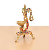 Brass peacock diya with oil bowl and hanging bell, multicolor decorated pedestal