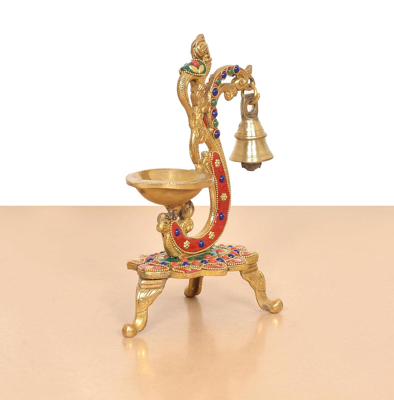 Brass Peacock Diya with Hanging Bell Traditional Oil Lamp (Height: 8 Inch)