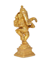 Brass Lord Ganesha dancing murti figurine, front view with trunk and crown, 4.5 in