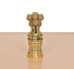 Bronze Ashoka Stambh side view with lion figure and decorative ringed pedestal base.
