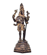Brass Shiva standing statue with tall headdress, four arms, detailed textured base