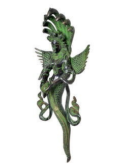 Green brass Naga Kanya statue with winged figure, serpent-like arms, and ornate face