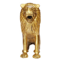 Brass lion idol statue, front view, standing with spread forepaws