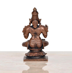 Copper Dhanvantari statue rear view, seated back details, dark patina base