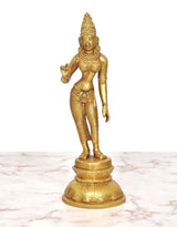 Golden brass Uma Parvati statue, full standing figure with ornate crown and arm pose