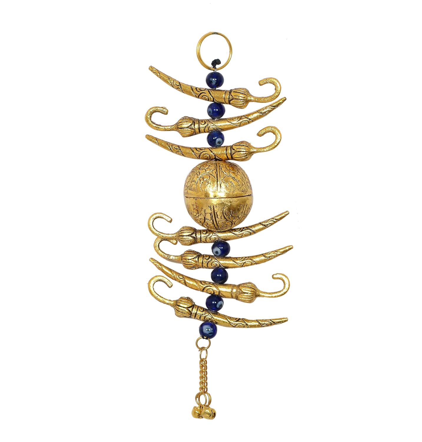 Metal Nimbu Mirchi Nazar Battu Evil Eye Protector Hanging with Evil Eye for Cars,Homes & Offices Golden (Height 8 Inch)