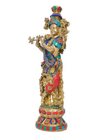Escultura Krishna de latón con flauta, 15 in, rostro dorado, ropaje azul y rojo