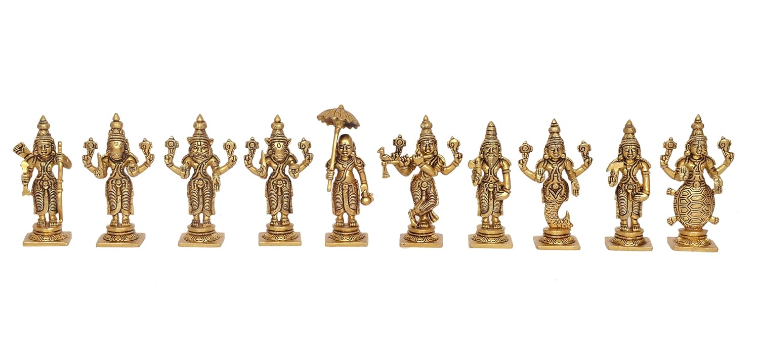 Brass Vishnu Dashavatara Ten Avatars of Vishnu for Home Temple Office Mandir, (Height: 4 Inch)