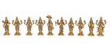 Brass Vishnu Dashavatara set of ten standing figurines with raised arms