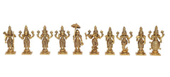 Brass Vishnu Dashavatara set of ten standing figurines with raised arms