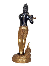 Krishna statue playing flute, back view, black top and gold dhoti with peacock