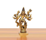Brass Durga idol on base, trident raised, many arms, 5 inch height