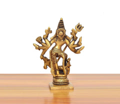 Brass Durga idol on base, trident raised, many arms, 5 inch height