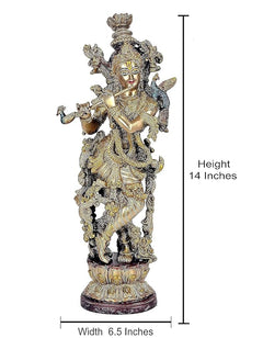 Brass Krishna statue idol playing flute, height 14 in and width 6.5 in