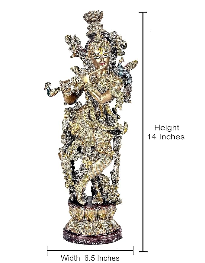 Brass Krishna Statue Idol Playing Flute for Home Decor | Height : 14 Inches (A104)