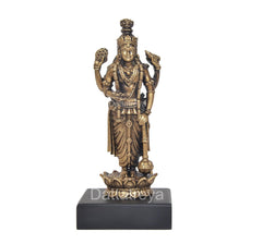 Standing Lord Vishnu idol with ornate crown and jewelry, gold-tone finish on black base