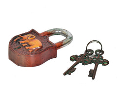 Elephant brass padlock with keys set, arched shackle and embossed top