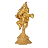 Brass dancing Ganesha statue figurine on pedestal, detailed ornaments, 4.5-inch