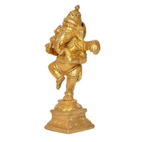 Brass dancing Ganesha statue figurine on pedestal, detailed ornaments, 4.5-inch