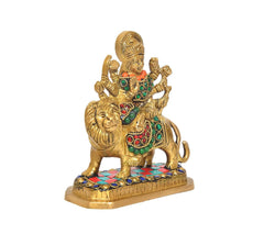 Durga Maa and lion idol brass figurine, front view with multicolour ornamented base