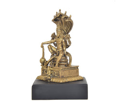 Panchaloha Vishnu idol in profile, multi-hood backdrop and patterned gold-tone base