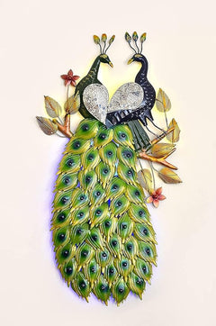 Double iron peacock wall decor with silver heart-like wings and green feather fan