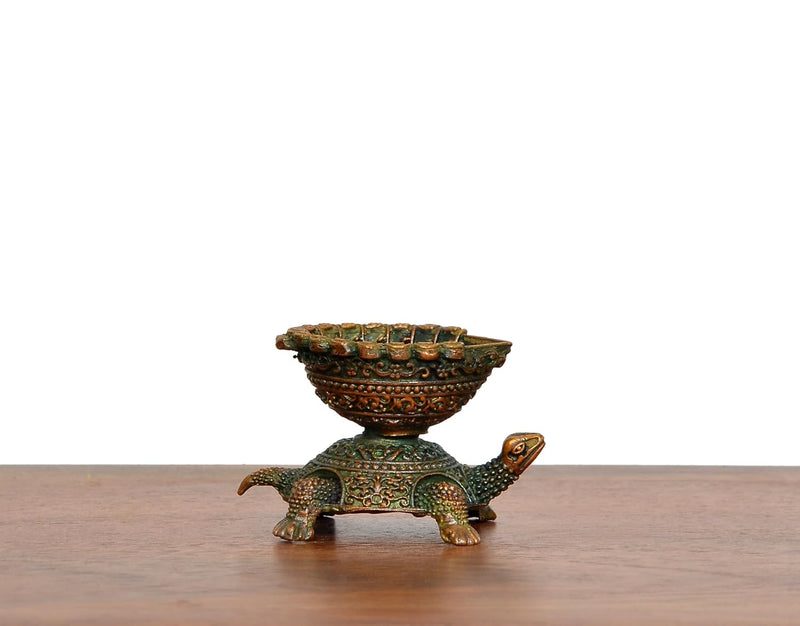 Bronze Tortoise with Oil Lamp Diya Statue (Height: 3 CM)