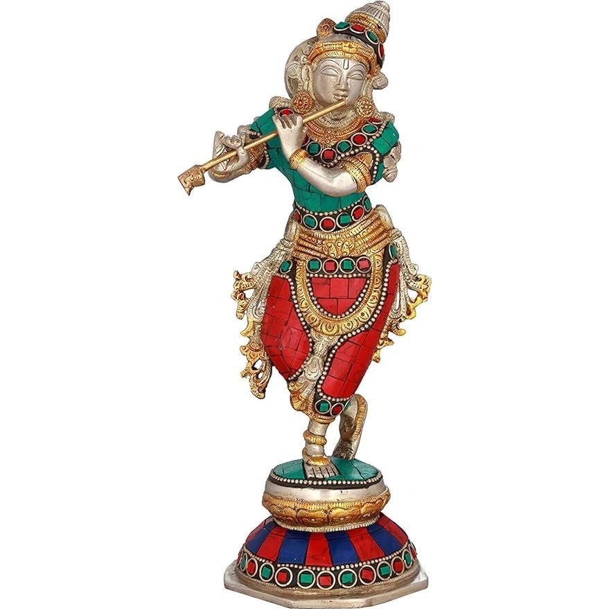 Brass Krishna statue, 9.4 in: standing dancer with flute, green top, red patterned skirt