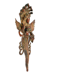 Brass Naga Kanya statue from side/back, serpent-hood crown, wings and swirling hanging ornaments