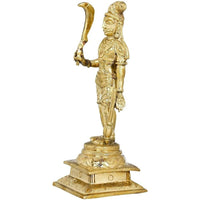 Brass Veerbhadra statue of Lord Shiva with raised curved weapon and sword, 8.4 in
