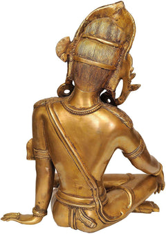 Back view brass seated Dev Indra statue idol, detailed hair and robe