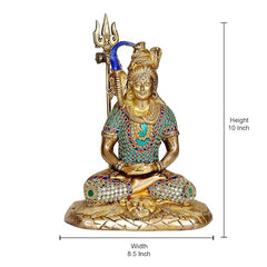Brass Shiva statue meditating in lotus with trident; 10 in height