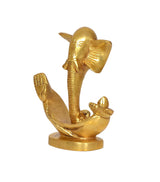 Gold-toned modern Ganesha idol statue, side view with crossed arms and round base