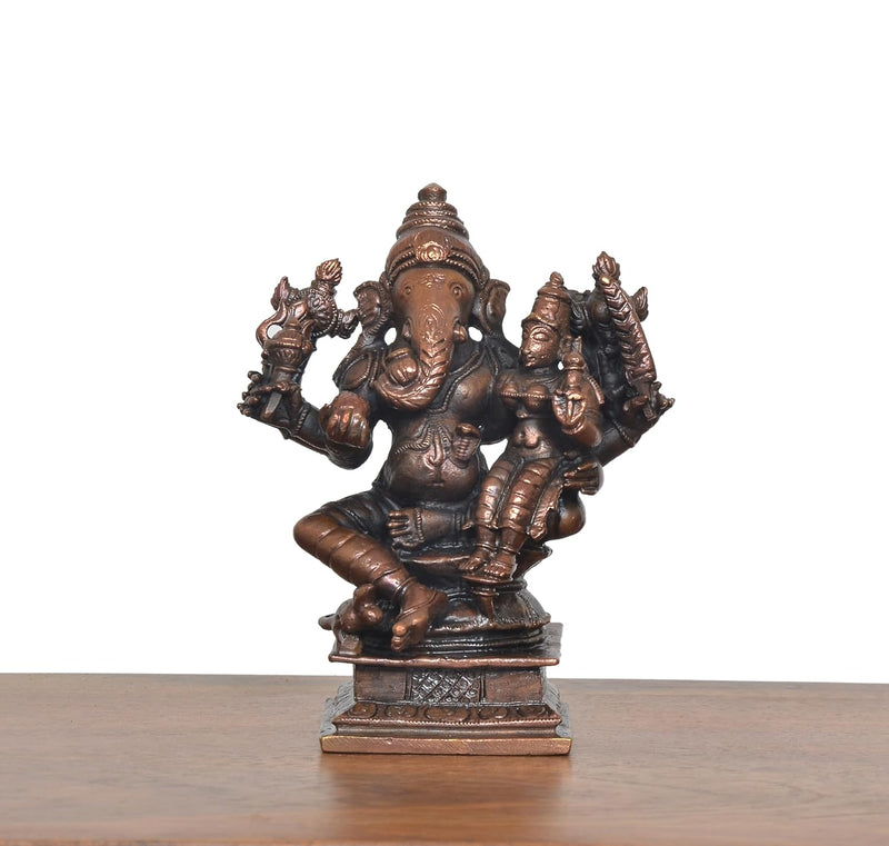 Copper Lord Ganesha  Seated with Riddhi Idol  (Height 4.5 Inch)