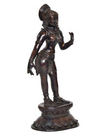 Brass Apsara standing statue, side profile with raised hand and bangles