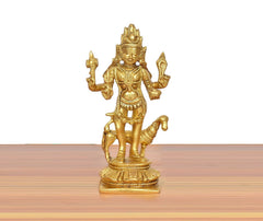 Golden brass Shri Kaal Batuk Bhairava idol, full figure on base, front view