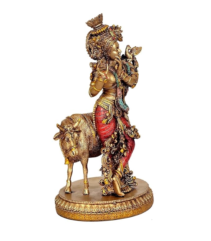 Resin Lord Krishna with Cow Idol Statue | Home Decor | Multicolour | Height 11 Inches