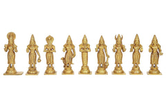 Gold brass Navgraha deity statues, nine small standing figures in a row