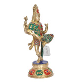 Ardhanarishvara brass murti, multicolor painted attire, raised hand and blue pedestal