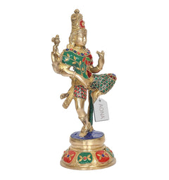 Ardhanarishvara brass murti, multicolor painted attire, raised hand and blue pedestal