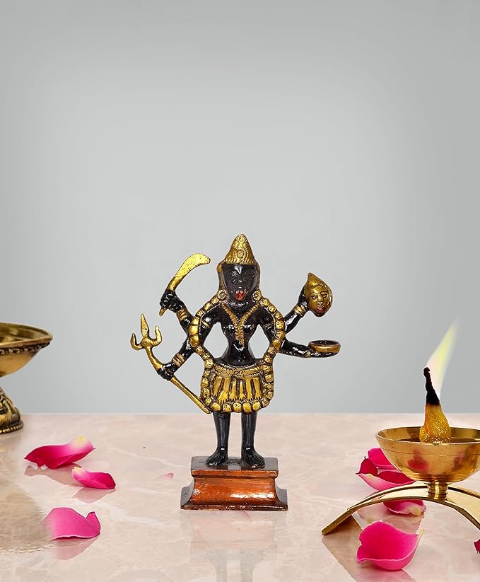 Messing Kali Mata Idolstatue (6 Zoll) mit Holzsockel, stehende Figur, vier Arme
