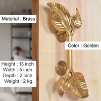 Golden brass twin-leaf door handle pair, 13 in tall