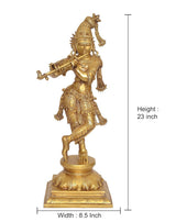 Brass Krishna flute-playing idol statue with height 23 inch and width 8.5 inch