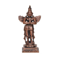 Copper Garuda idol statue standing with folded hands, detailed face, and winged arms