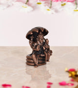Lakshmi Narasimha statue side view, intricate ornaments and seated pose, bronze copper finish