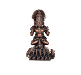 Copper Surya Dev Rath statue, seated hands in prayer, detailed seven-horse ornament base